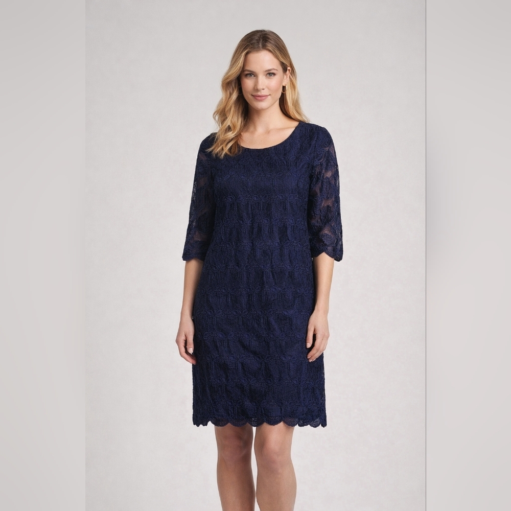 Tracy Negoshian Dress Xl Navy Lace Lined Sheath 3/4 Sleeves At or Below …